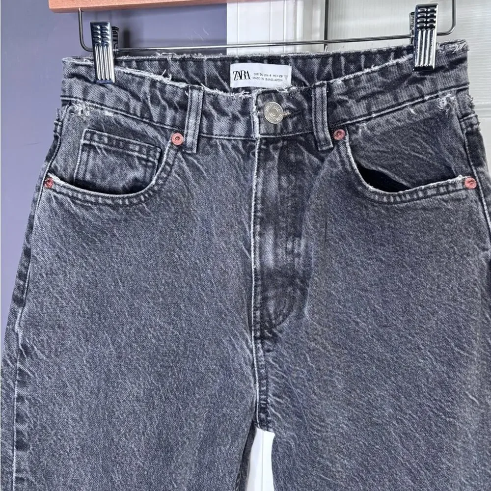 Zara Black Faded Wash High Waisted Straight Leg Jeans 4